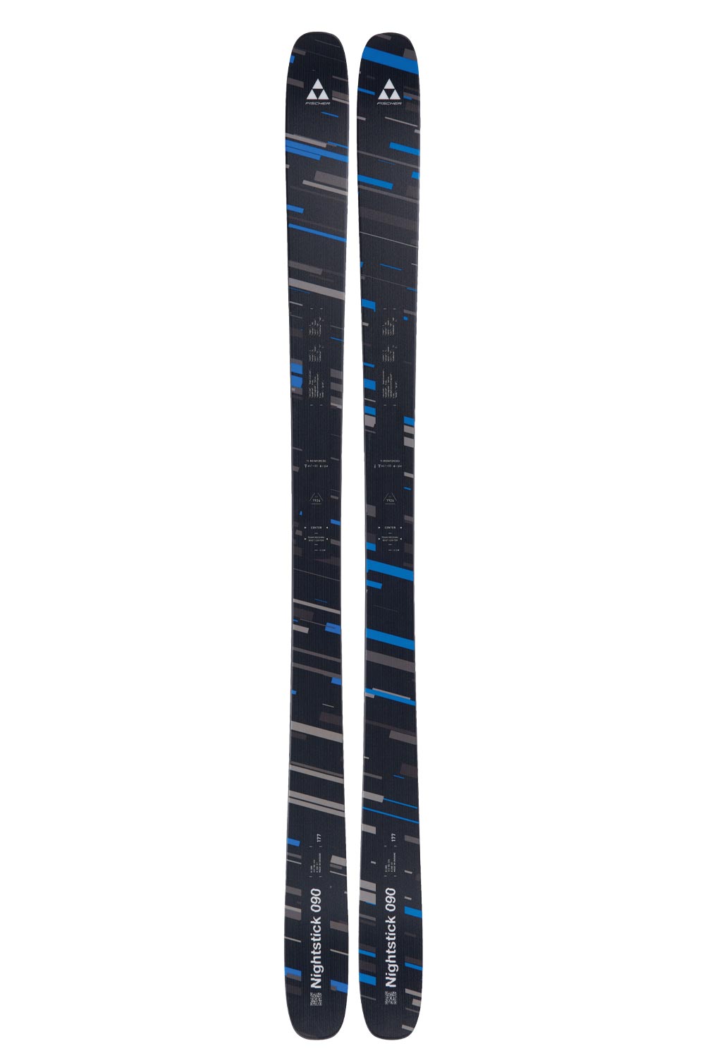 Fischer Nightstick 90 skis, black with grey and blue stripe pattern