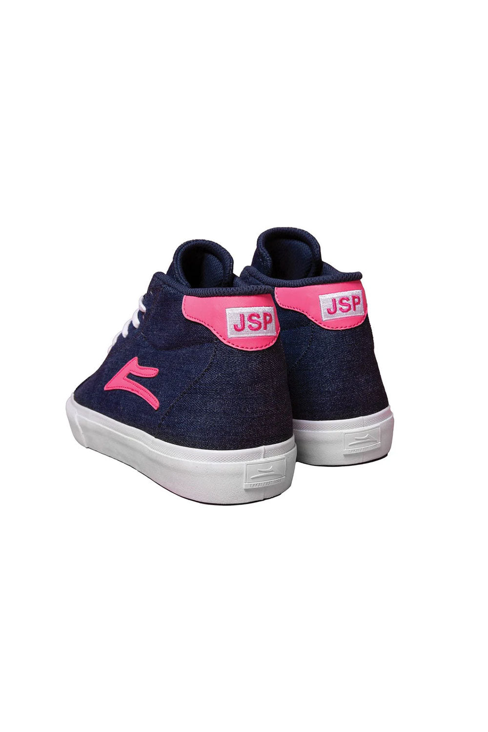 Navy blue sneakers with pink accents on a white background