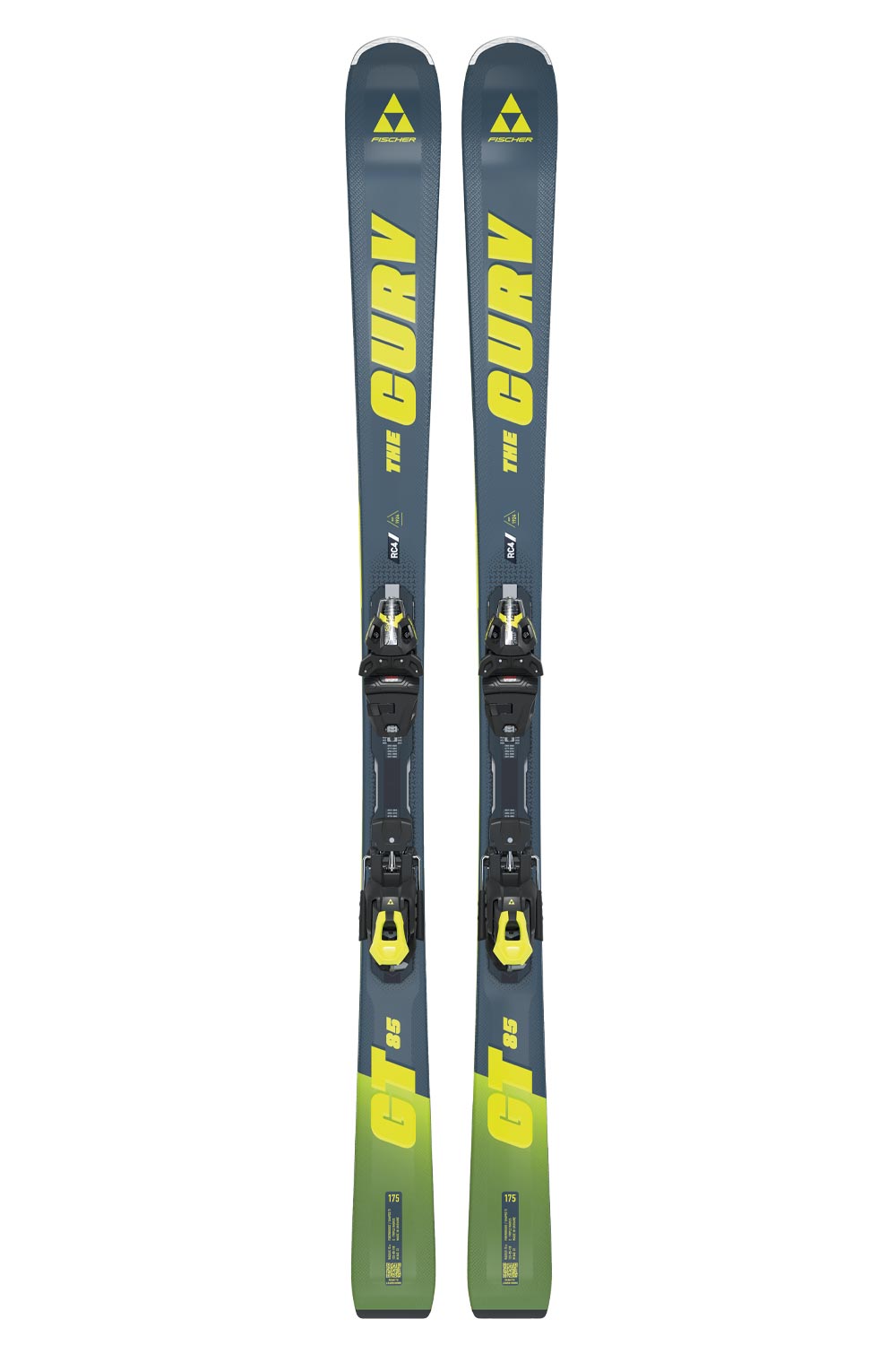 men's Fischer The Curv GT 85 skis, gray and yellow, with black and yellow bindings