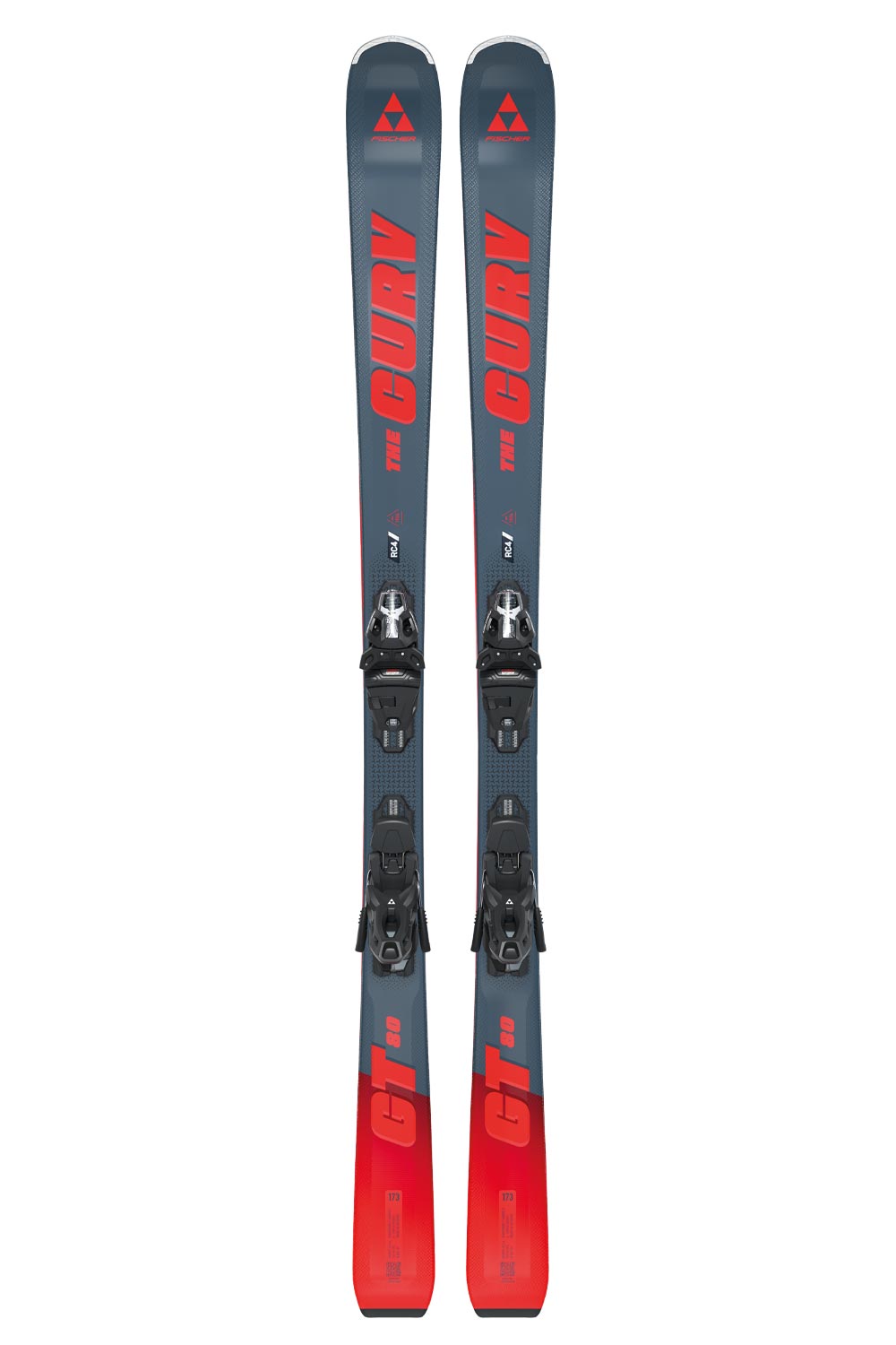 men's Fischer The Curv 80 GT skis, gray with red accents and black bindings