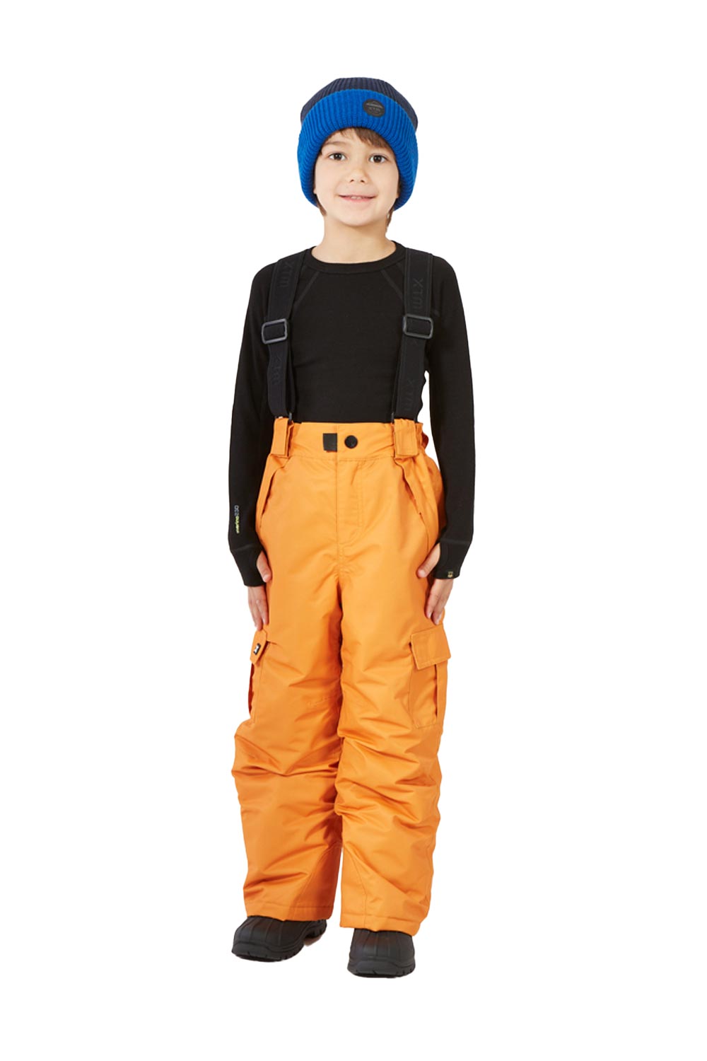 kids' Pluto ski/snowboard pants,  orange with black suspenders