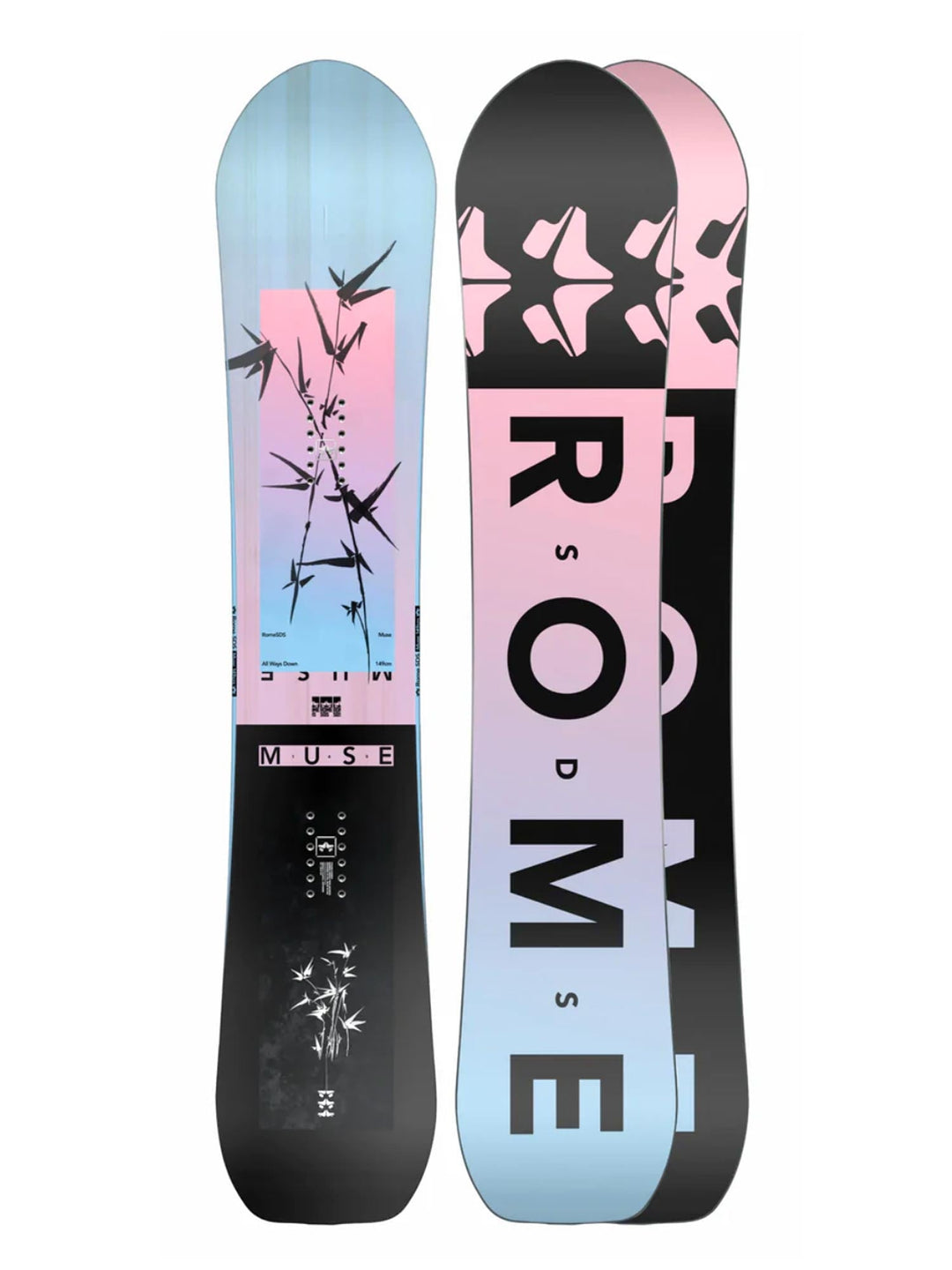 women's Rome Muse snowboard, black, pink and light blue