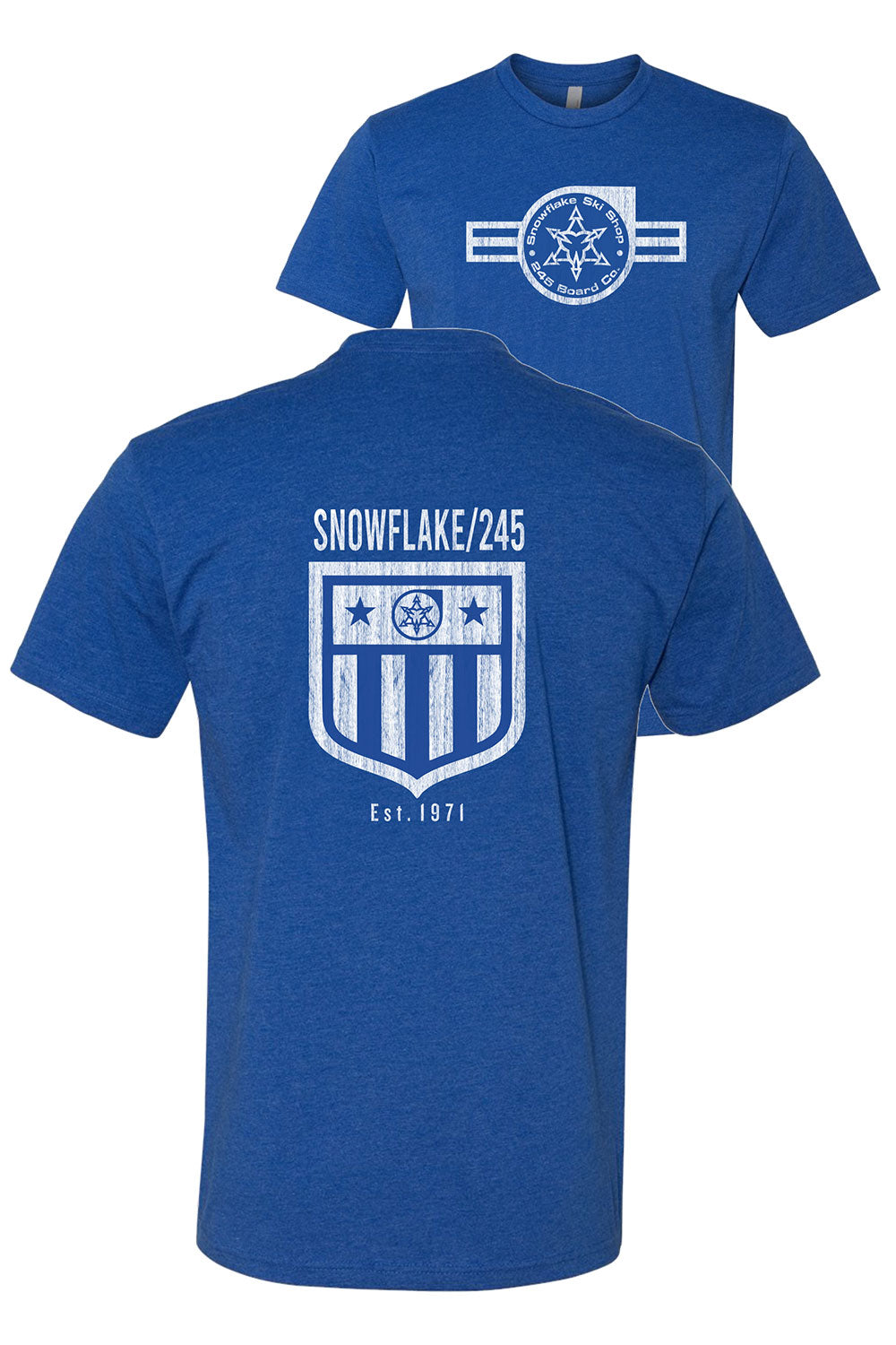 Blue t-shirt with white graphic design on a white background