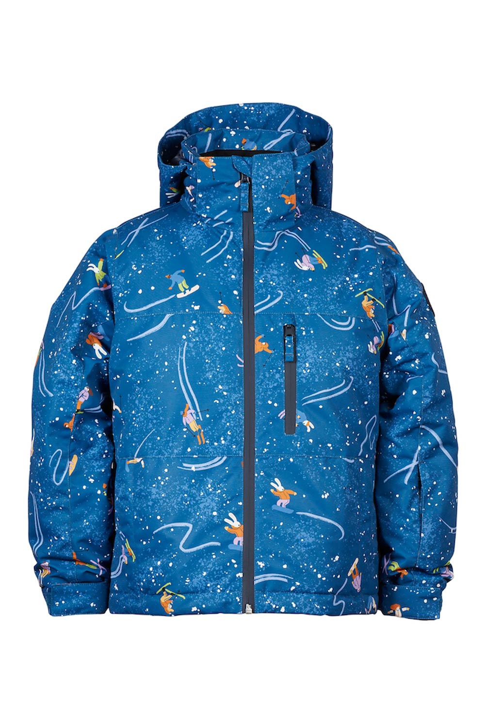 kids' XTM snowcone ski jacket, blue with skiers and snowboarders