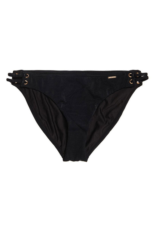 Black bikini bottom with gold accents on a white background