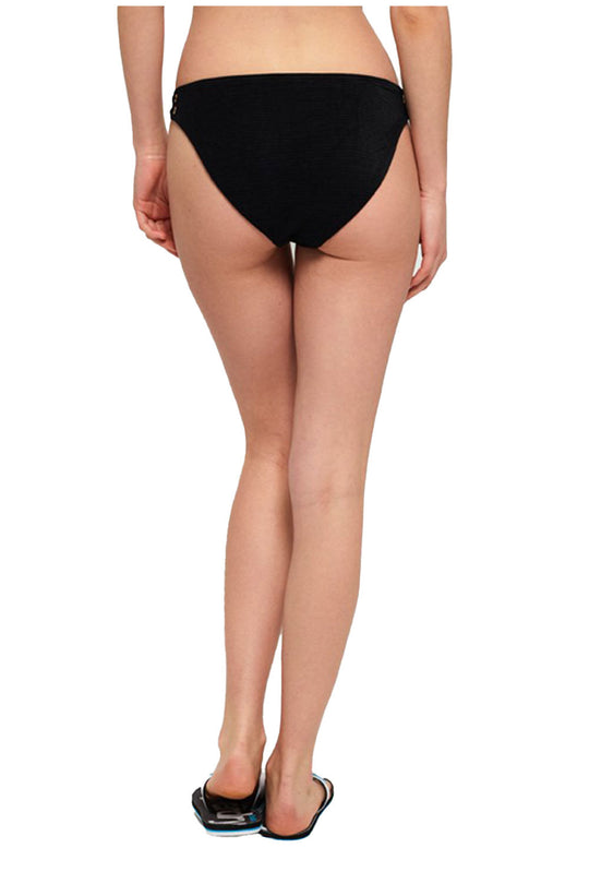 Person wearing black high-waisted bikini bottom on a white background