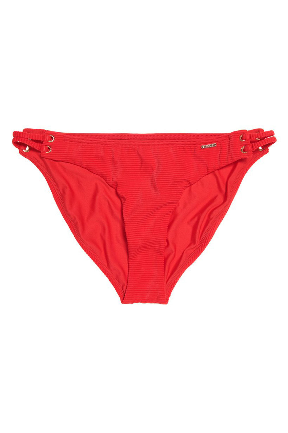 Red bikini bottom with grommets on a white background