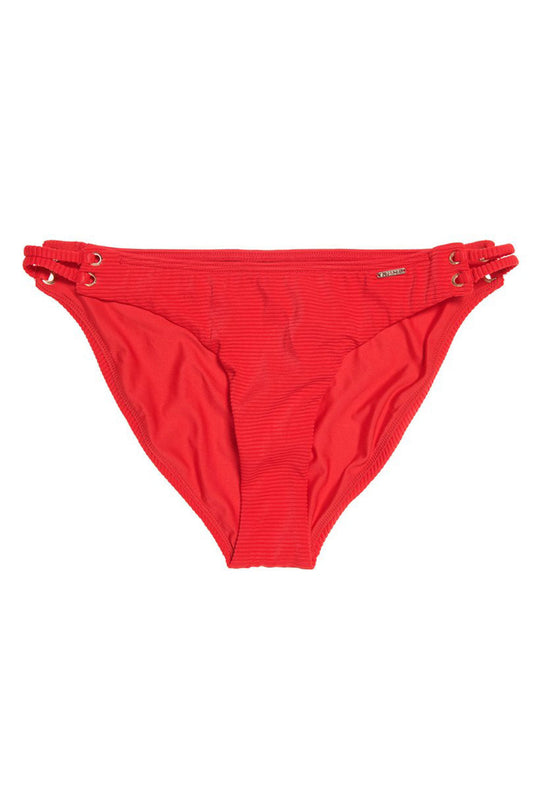 Red bikini bottom with grommets on a white background