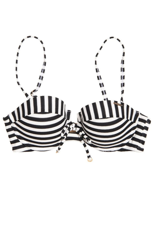 Black and white striped bikini top on a white background