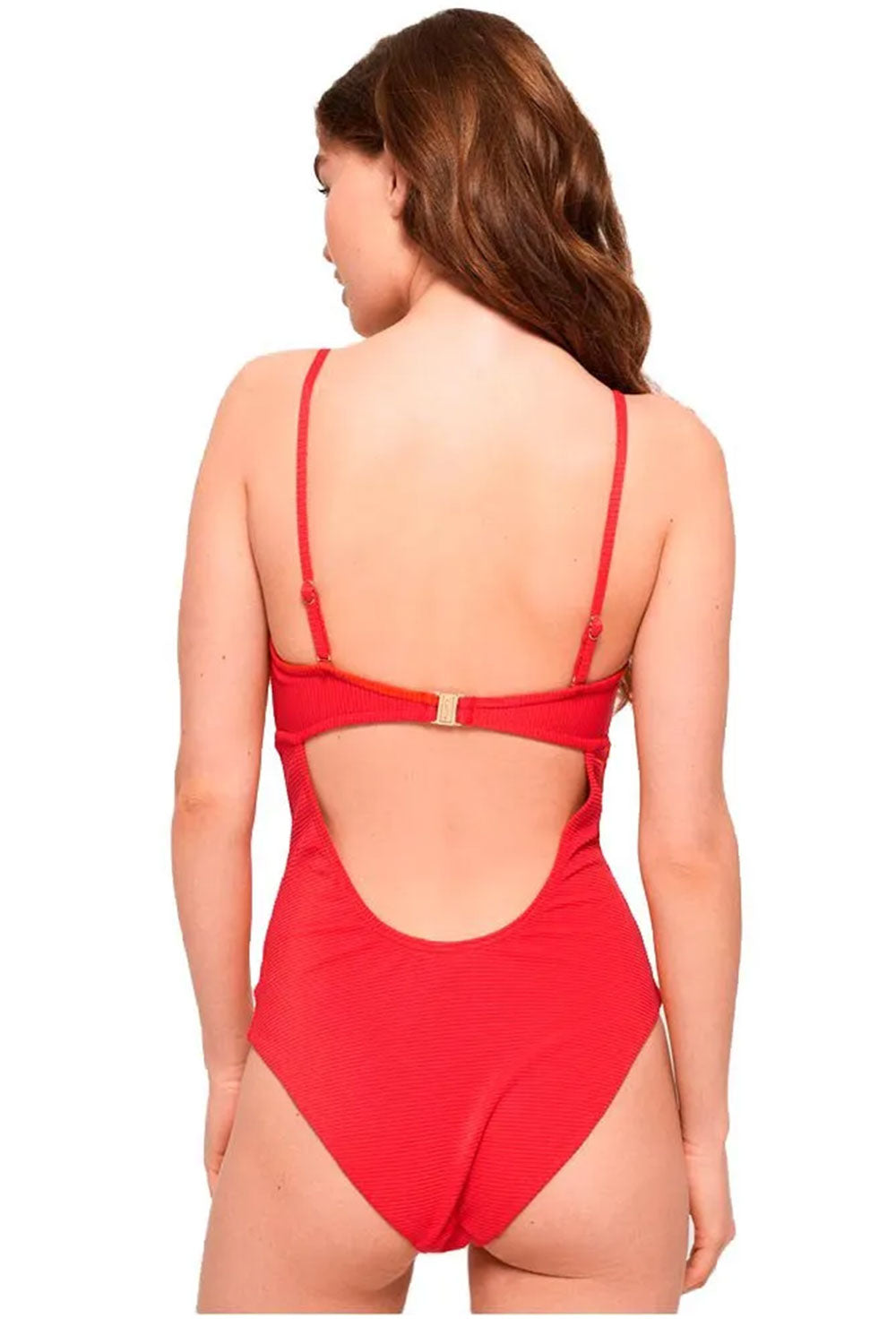 Red swimsuit with thin straps on a white background