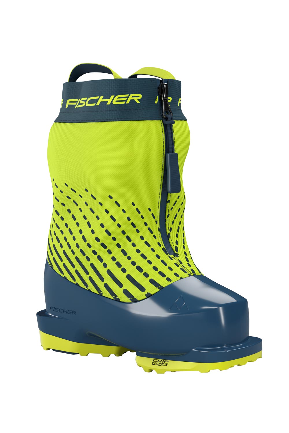 kids' Fischer One ski boots,  yellow and blue, zipper closure