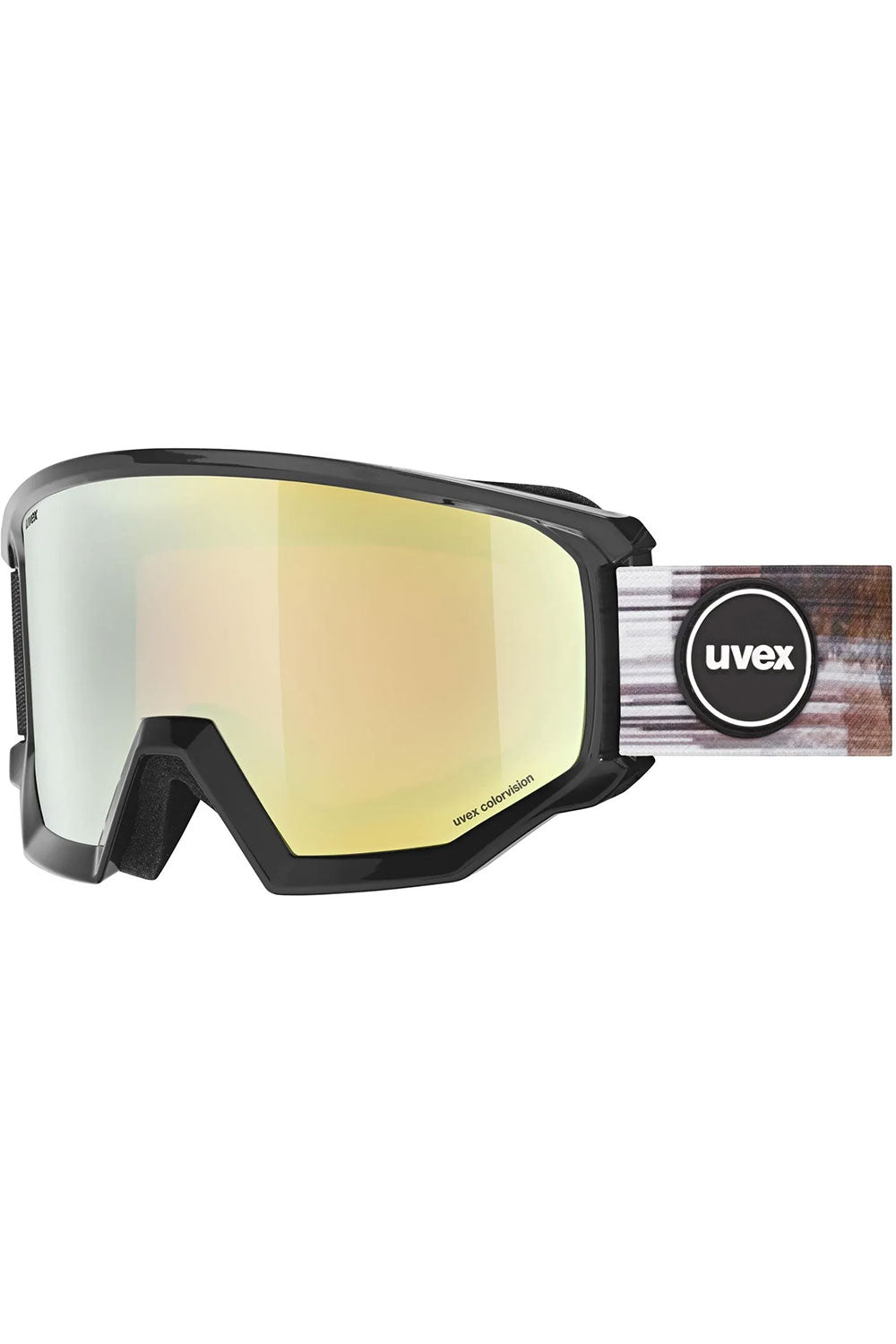 Uvex ski goggles with gold mirror lens on a white background