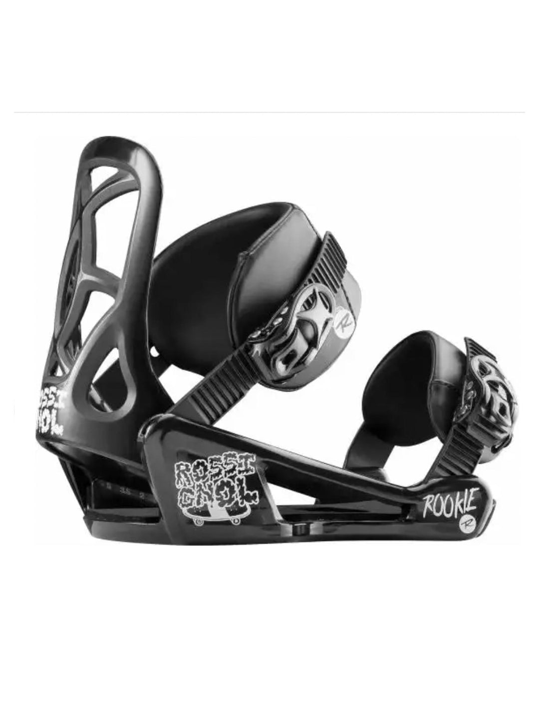 kids Rossignol Rookie snowboard bindings, black with white lettering