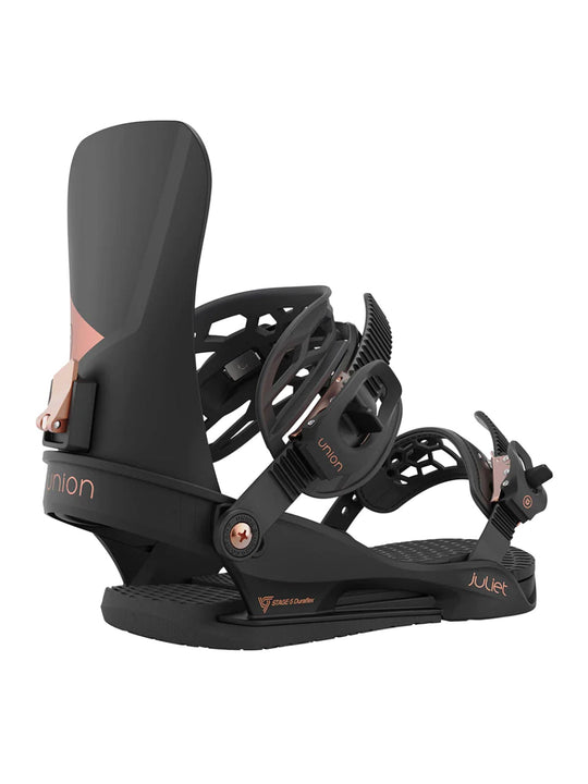women's Union Juliet snowboard bindings, black with rose gold accents