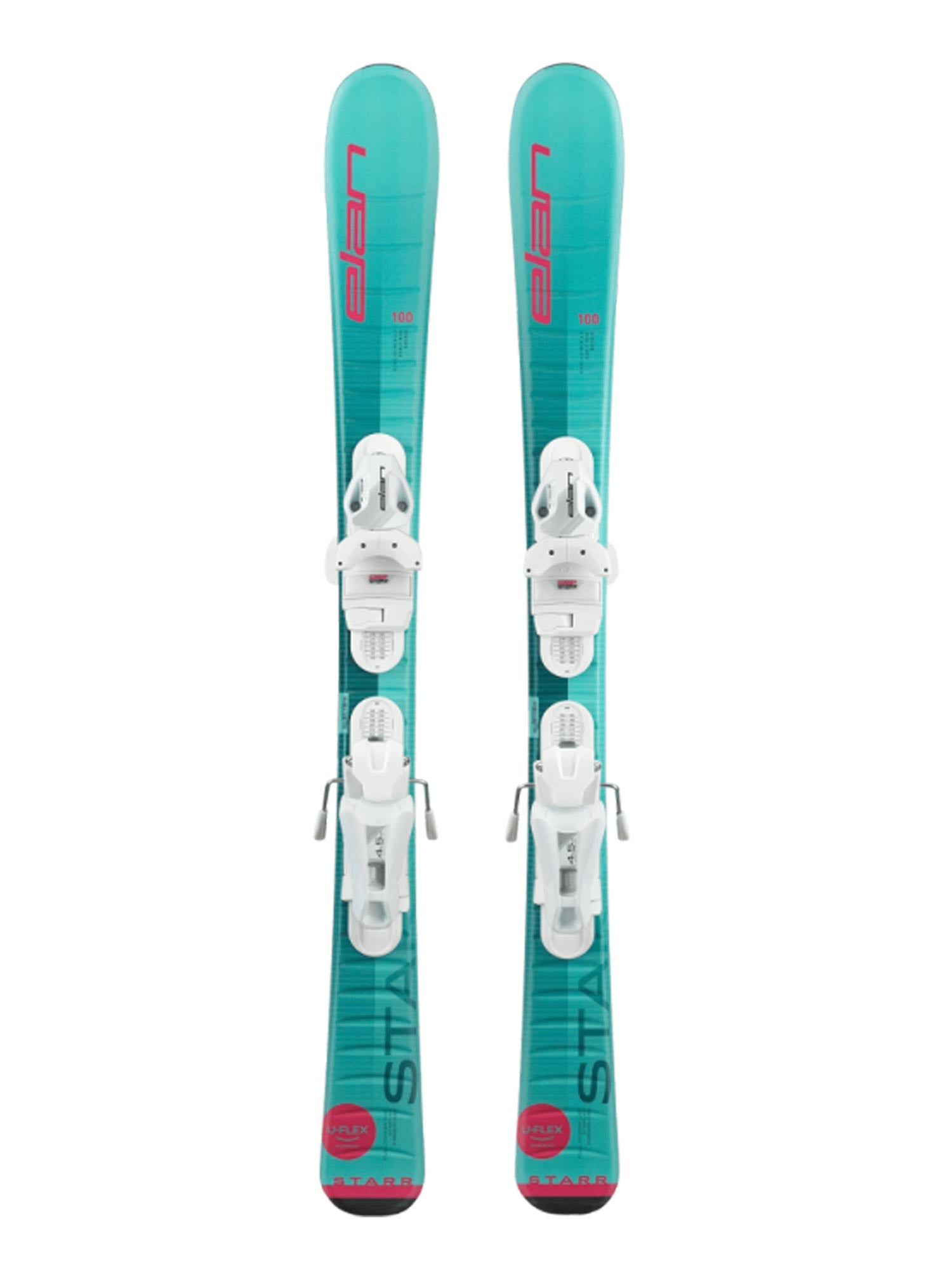 Elan kids skis, teal and pink with white bindings